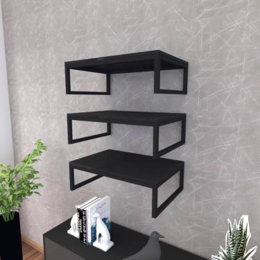 Imagem de Prateleira Industrial Suspensa Estante Parede Nicho Preto Ferro E Madeira Suporte Pratileira