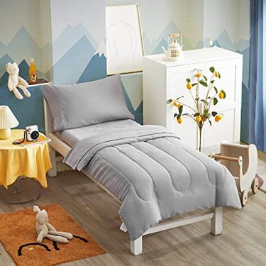 Imagem de Jogo de cama infantil Uozzi Bedding 4 peças ultra macio e respirável – Inclui edredom, lençol de cima, lençol de baixo e fronha – Cinza