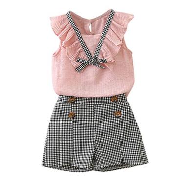 Imagem de Roupas para bebês meninas com babados chiffon laço camiseta colete + shorts xadrez bonito verão conjunto curto 2 (rosa, 6-7 anos)