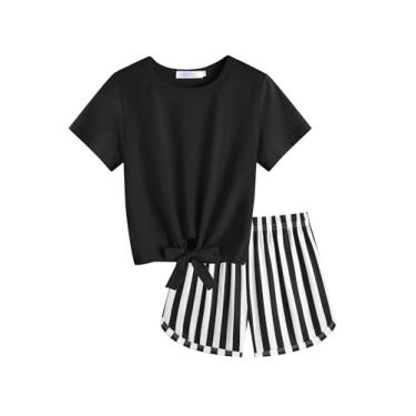 Imagem de Arshiner Conjunto de shorts de verão para meninas, 2 peças, conjunto de camiseta e shorts esportivos tie dye com estampa floral, Listrado preto, 11-12 Anos
