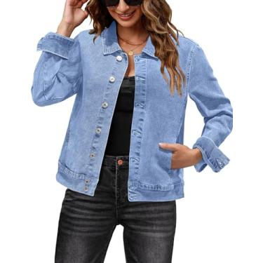 Imagem de luvamia Jaqueta jeans feminina, moderna, elegante, casual, manga comprida, elástica, jaqueta de ganga, jaqueta ocidental com bolsos, Azul (Lakeside Blue), M
