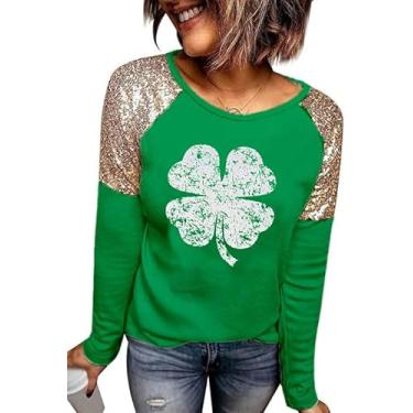 Imagem de Camiseta feminina do Dia de São Patrício com estampa de trevo verde trevo folha glitter camiseta irlandesa raglan, Verde Kelly Green 3-j, M