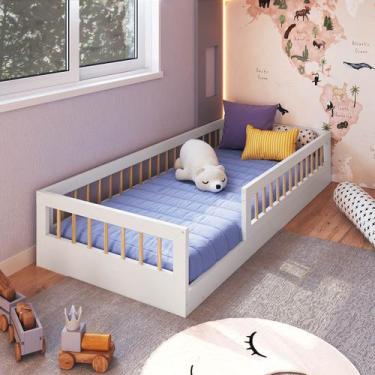 Imagem de Cama Solteiro De Chão Montessori Com Cercado Branco - Completa Móveis
