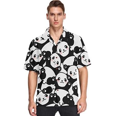 Imagem de Camisas havaianas masculinas manga curta Aloha Beach Shirt Panda Cartoon Animal Floral Verão Casual Camisas de Botão, Multicolorido, P