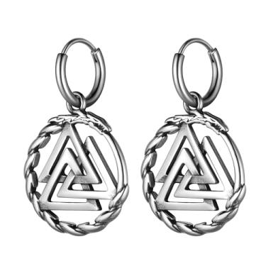 Imagem de Brincos viking nórdicos para homens - Aço inoxidável vintage lobo celta lua crescente viking valknut runas Thor Hammer Mjolnir caveira enorme brincos pendentes, Aço inoxidável, Sem pedra preciosa