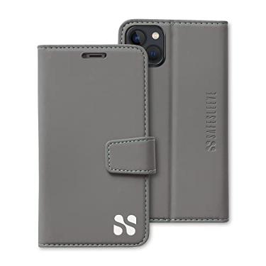 Imagem de SafeSleeve Capa antiradiação EMF para iPhone 13 Mini com suporte para cartão - bloqueador RFID, blindagem de nível militar, 3 compartimentos para cartões com suporte integrado - Capa de couro vegano