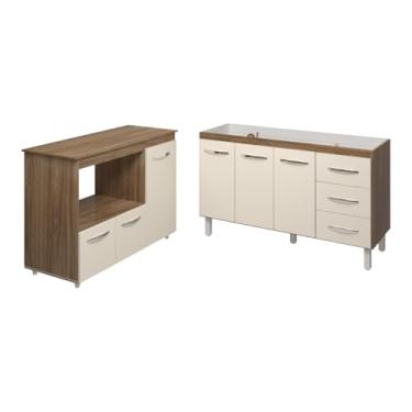 Imagem de Mobília Decor, Balcão Armário Cozinha Carine Gabinete de Pia 140 cm e Balcão Lilian para Forno Elétrico e Microondas Savana Off White