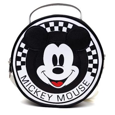 Imagem de Bolsa Disney, transversal, redonda, com aplique de rosto sorridente do Mickey Mouse, branco e preto, couro vegano, Preto, 8.0" x 8.0"