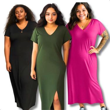 Imagem de Kit 3 Vestido Longo Feminino Midi Liso Com Fenda E Bolsos - Contramão 