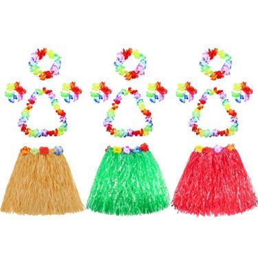 Imagem de Gejoy Conjunto de 3 saias de grama para meninas e crianças, saia de hula com flor, roupa havaiana Leis para festa de Luau, Multicor