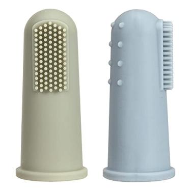 Imagem de TOPGOMES Escova de dentes de dedo para bebês com capa, silicone de grau alimentício, sem BPA, pacote com 2 (Sálvia + éter)