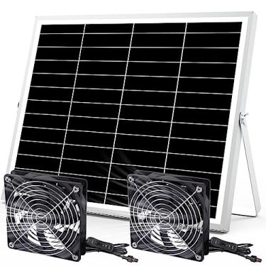 Imagem de pqins Ventilador de 20W alimentado por energia solar, kit de ventilador de admissão de escapamento solar, ventiladores duplos IPX7 à prova d'água com cabo de interruptor liga/desliga de 3 m, ventilação de resfriamento para estufa, galinheiro, galinheiro, casa de animais de estimação, exterior/intern