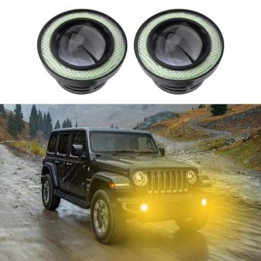 Imagem de HEVLE 2 peças de faróis de neblina Angel Eye Halo para carros, faróis de neblina universais, projetor de LED super brilhante de alta potência com anéis de halo, luz diurna DRL, lâmpadas para dirigir