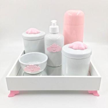 Imagem de Kit Higiene Bebê Porcelana Nuvem Bandeja Mdf Garrafa Rosa 6pçs - TG De
