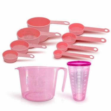 Imagem de Kit Medida 10 Pçs Jarra Rosa 1L Copo (Rosa) (Com Tampa) Xicara Rosa Co