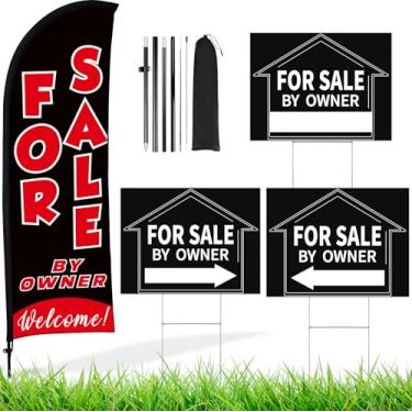 Imagem de Buryeah Conjunto de placas para venda pelo proprietário, 1 pacote para venda pela bandeira do proprietário, pacote com 3, placas de setas direcionais de imóveis, dupla face, com estacas de metal, casa