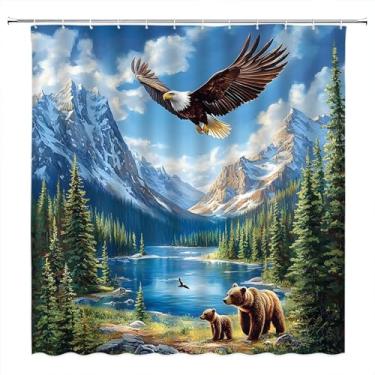 Imagem de PZMPZM Cortina de chuveiro rústica para casa de campo, urso, floresta, cabana, animal, selvagem, águia, lago, montanha, acampamento, conjunto de tecido de poliéster com ganchos 180 x 192 cm A