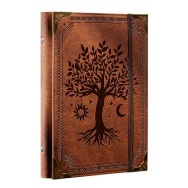 Imagem de Ovesmusl Pasta de couro PU A5 6 anéis, capa de diário recarregável, sem refil de papel A5, fichário de folhas soltas para caderno 14.5 cm x 21.1 cm com fecho elástico, árvore marrom