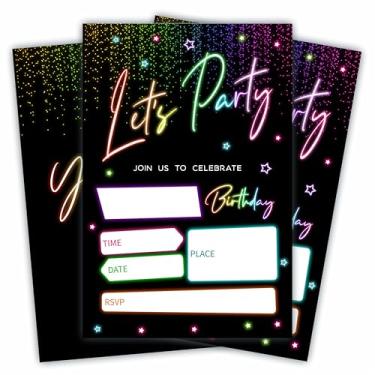 Imagem de JCVUK Let's Party! Convites de aniversário neon retrô Glow - 20 peças de cartões de convite e envelopes de preenchimento dupla face para meninos, meninas, lembrancinhas e suprimentos de festa de