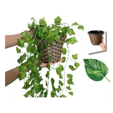 Imagem de Arranjo C/ 3 Trepadeira + Vaso Trançado Marrom | Arranjo Trepadeira Artificial para Decorações | Plantas para Decoração de Casa, Sala De Estar, Casamento & Escritorio (Folhas de Jiboia)