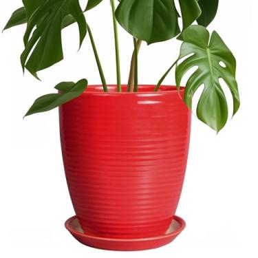 Imagem de EPFamily Vaso de cerâmica para plantas – Vaso de 20 cm para plantas de interior, exterior, redondo, vaso de flores moderno, com orifício de drenagem e pires, casa, jardim, escritório, varanda,