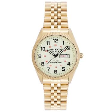 Imagem de Miykon Relógios masculinos prateados e dourados | Relógio social masculino Day Date com cristais genuínos e pulseira de aço inoxidável | Polido, ponteiros Lume, vidro antiarranhões, quartzo japonês,