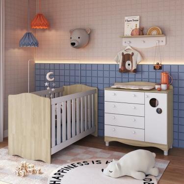 Imagem de Conjunto Quarto de Bebê 1 Berço 1 Colchão 1 Cômoda 4 Gavetas 1 Prateleira Carvalho Araguaia/Branco