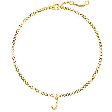 Imagem de MEVECCO Tornozeleira com inicial banhada a vácuo de ouro 18K com corte a laser, corrente plana, com pingente de letra CZ, pequeno ponto A-Z, presente delicado personalizado para mulheres, Metal, Zircônia cúbica