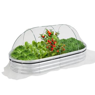Imagem de Canteiro elevado galvanizado 1,5 x 7,5 cm com tampa de aro de estufa, plantador de estufa com rede de plantas, tampa, rede de proteção solar, estufa de filme PE, kit de argolas cloche mini estufa