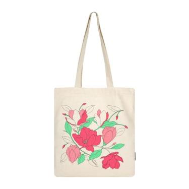 Imagem de SKAPADORO Bolsa de lona com zíper 100% algodão, sacolas ecológicas para viagens, faculdade, praia, compras, compras, compras, bolsa de ombro moderna para o dia a dia - flor de magnólia, branco,