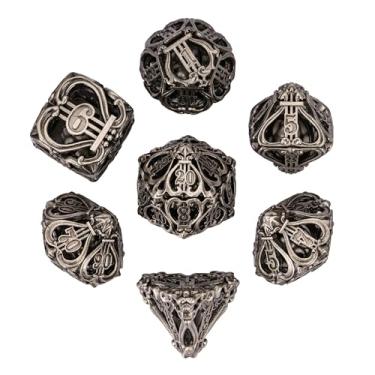 Imagem de Cusdie 7-Die Metal Dice Set - Hollow Design with Bells - Crisp Sounding Gaming Dice in Tin Box - Perfect for Tabletop RPGs & Board Games(Ancient Nickel)