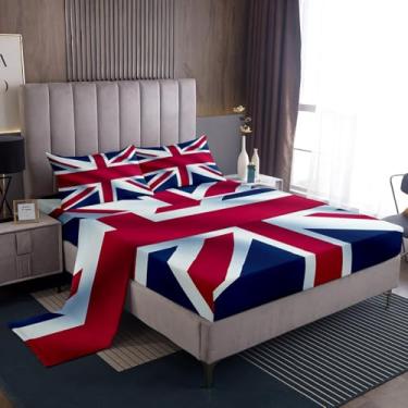Imagem de Erosebridal Jogo de lençol Union Jack Queen, com bandeira do Reino Unido, retrô, 4 peças, para crianças, meninos e meninas, conjunto de cama vintage de microfibra de Londres, vermelho, azul e inglês,