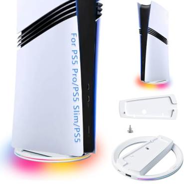 Imagem de Suporte vertical para consoles PS5 Slim/PS5 Pro, com almofada antiderrapante para acessórios PlayStation 5, suporte vertical com 7 luzes RGB e um parafuso