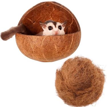 Imagem de Ninho de casca de coco com fibra de coco para deslizamento de açúcar, hamster, casa de porquinho da índia, cama suspensa para gaiola, casa de hamster, ninho decorativo, adequado para todas as estações