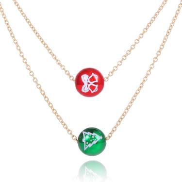 Imagem de Tgirls Colar de contas de Natal com contas verdes vermelhas em camadas, árvore de sino de Natal, corrente de bolas falsas de neve para mulheres, Metal, Sem Pedra Preciosa