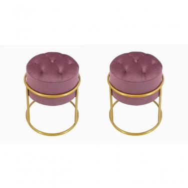 Imagem de Kit 2 Puff Banqueta Estofado Decorativo Base De Ferro Capitonê Suede Rosê Eli Móveis E Decoração