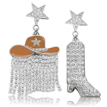 Imagem de Brincos femininos de cowgirl com strass brilhante, chapéu esmaltado de caubói, borlas, brinco, prata, estrela, orelha, bota, country, rodeio, festa, concerto, joias, para adultos, Zinco, Strass