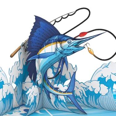 Imagem de iGifts And Cards Sportfishing Surprise 3D Pop Up Greeting - 15.2 cm x 20.3 cm Marlin Fishing Adventure - Ideal para aposentadoria, marido, dia dos pais - Delícia do pescador do oceano com cartão de