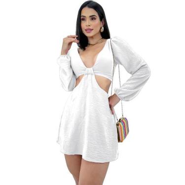 Imagem de Macaquinho Feminino Curto Viscose Manga Longa Bufante Decotado Soltinh