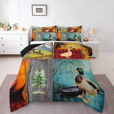 Imagem de Feelyou Conjunto de edredom Queen com estampa de pato selvagem, para meninos e meninas, crianças, caçando e pescando, animais selvagens, lago, cabana, decoração de quarto, microfibra macia, todas as