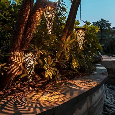 Imagem de TWINKVILLA Luzes Solares Suspensas Decorativas Para Áreas Externas Com Design Delicado De Lanterna Cônica Oca - Conjunto 3 Lustres Pátio, Árvore, Jardim, Quintal, Varanda, Caminho Quintal E Decoraçã