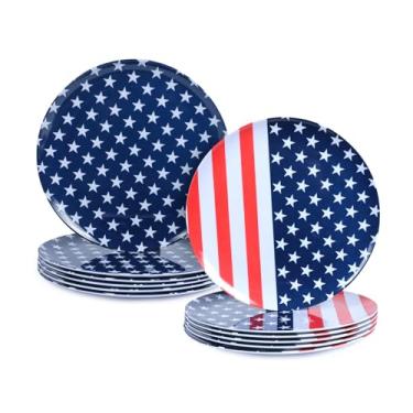Imagem de Gofunfun Pratos de jantar de melamina de 12 peças - pratos inquebráveis de 25 cm para festa de 4 de julho, decorações vermelhas e brancas, azuis, utensílios de jantar leves para churrasco, piquenique