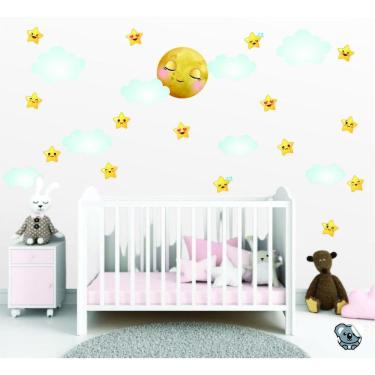 Imagem de Adesivo De Parede Infantil Lua Estrelas Nuvens Rostinhos