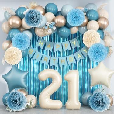 Imagem de Decorações de aniversário de 21 anos azul empoeirado para ele, balão bege creme número 21 com faixa de feliz aniversário dourado azul cortina de franjas pompons de papel nude areia branca champanhe