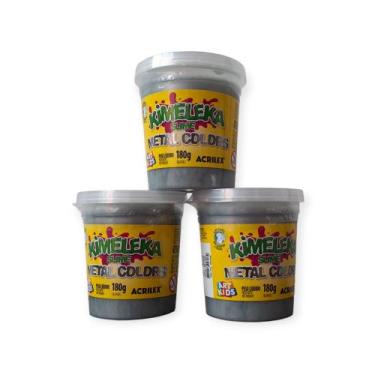 Imagem de Kit Com 3 Slimes Prata Kimeleka Metal Colors Acrilex 180g