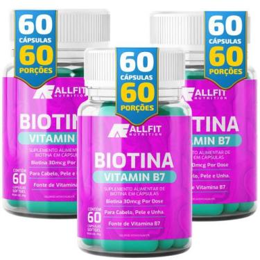 Imagem de Kit 3x Biotina Cabelo e Unhas Vitamina Capilar 60 Capsulas, Sem Sabor,