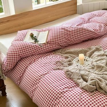 Imagem de Cobertor pesado vermelho guingão 152 x 203 cm, capa de edredom xadrez de microfibra pré-lavada macia para cobertor pesado, capa de edredom de grade pesada (guingão vermelho, 152 x 203 cm)