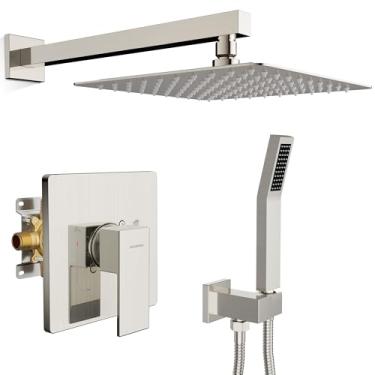 Imagem de SR SUN RISE Conjunto De Torneira Chuveiro - Chuva 10 Polegadas E Alça Para Banheiro, Sistema Montado Na Parede, Níquel Escovado Válvula Mistura Com Pressão Balanceada