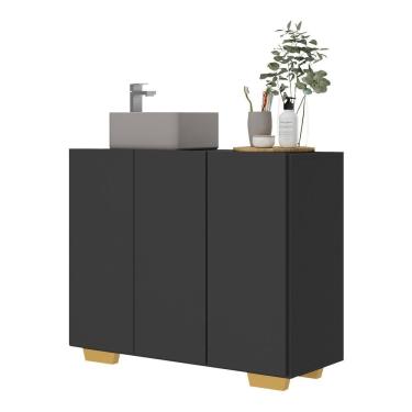 Imagem de Gabinete Banheiro 3 Portas 90Cm Multimóveis V5031 Preto/Natural Preto/Natural
