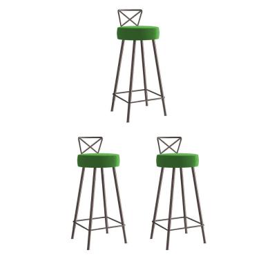 Imagem de Kit 03 Banqueta Alta Com Encosto Tânya Eiffel Cozinha Ferro Marrom Suede Verde Musgo - Amey Decor